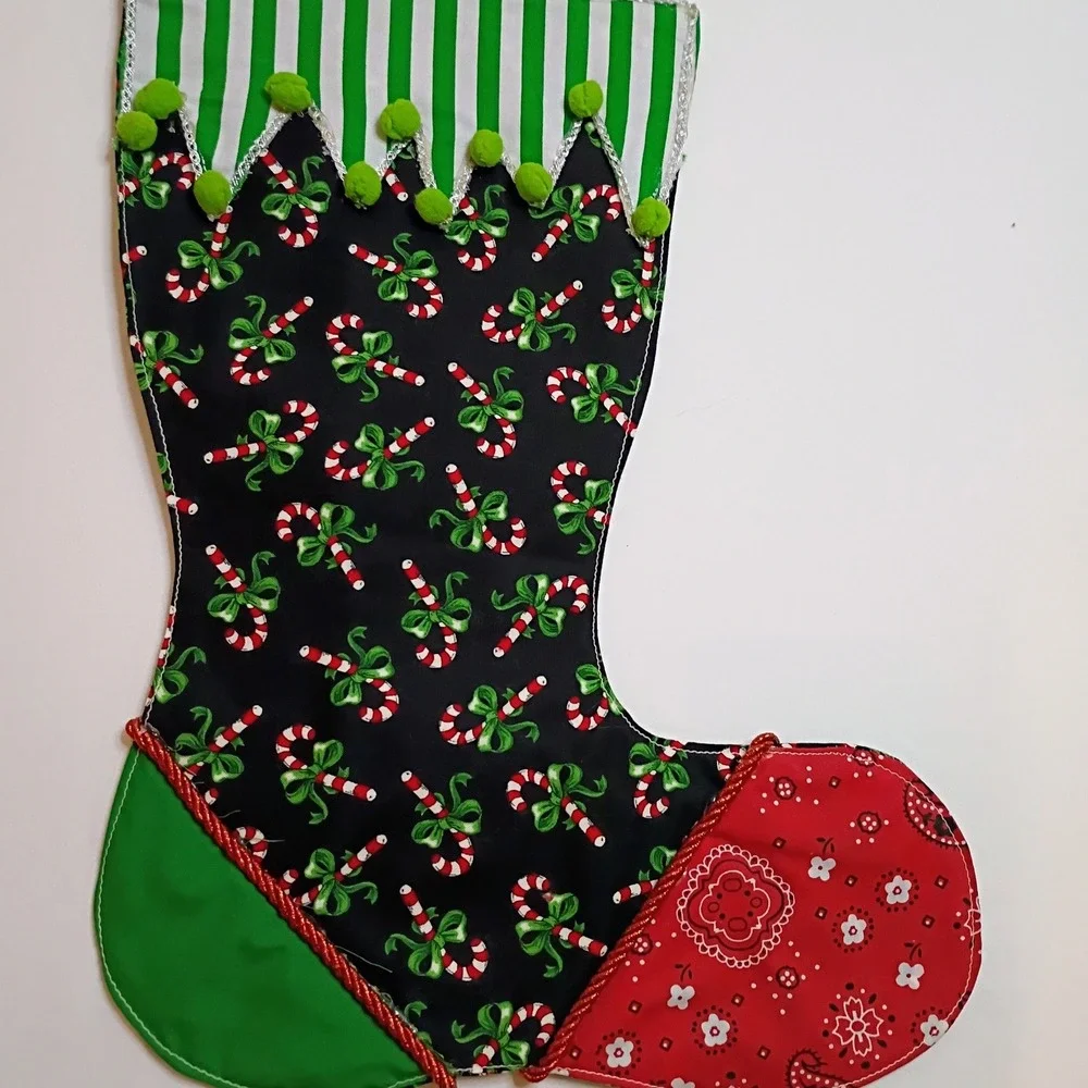 Handmade Christmas Stocking Candy Cane Patchwork Red Green‎ Black Elf Boot Style
